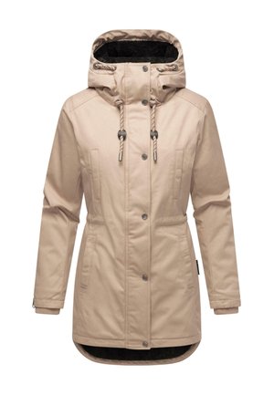 Parka beige con cappuccio foderato in pelliccia, cordoncini, tasche frontali, chiusure a pressione e polsini a costine. Tessuto esterno liscio.