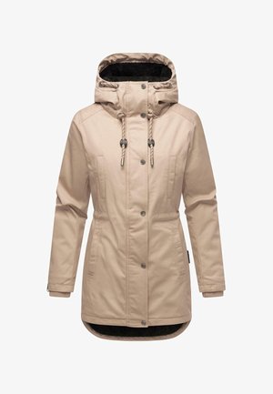 Beige parka jack met een voering van bont in de capuchon, trekkoorden, voorkruiden, drukknopen en geribde manchetten. Glad buitenmateriaal.