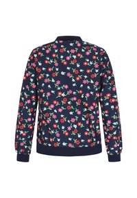 Bloemen bomberjack met een marineblauwe basis en meerkleurige bloemen, geribbelde manchetten en zoom. Gladde stof met een relaxte pasvorm.