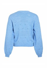 Svetlo modra pletena jopica s skrajšanim dizajnom, ki vsebuje odprto delo in rebraste manšete ter rob. Zadnji pogled prikazuje ohlapen kroj in teksturirano blago.