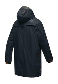 Parka marine dotée d'une capuche, de manches longues, de poches zippées sur les côtés et d'accents contrastants aux poignets. Matériau imperméable avec détail de logo.