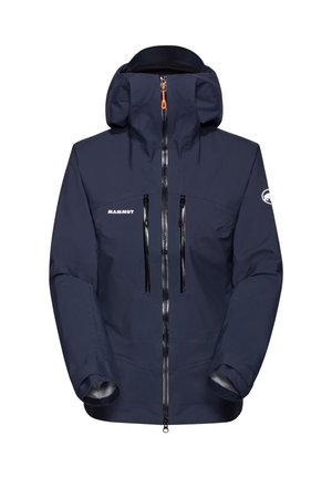 Marineblaue wasserdichte Jacke mit Kapuze, schwarzem Reißverschluss, zwei Brusttaschen und elastischen Bündchen; mit Markenlogo auf der linken Brust.