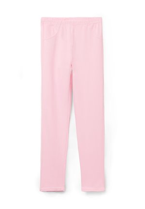 Rosa stretchleggings med elastisk midja, utrustad med två sidfickor och en slät yta. Designad för komfort och rörlighet.