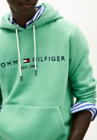 Sudadera de algodón verde con cordones y un bolsillo frontal, con el logo "TOMMY HILFIGER" en azul marino. Puños de camisa a rayas en azul y blanco visibles.