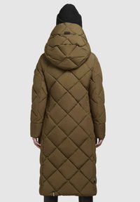 Olive green long puffer coat with a quilted diamond pattern, a hood, and black knit accents, featuring long sleeves and side pockets.