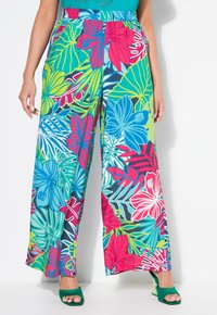 Bloemmotief wijde broek in levendige kleuren, waaronder roze, groen en blauw. Gemaakt van lichtgewicht stof met een elastische tailleband.