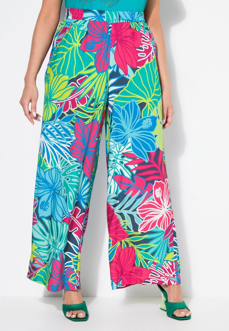 Bloemmotief wijde broek in levendige kleuren, waaronder roze, groen en blauw. Gemaakt van lichtgewicht stof met een elastische tailleband.