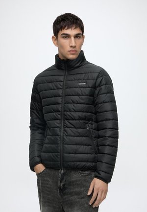 Jeune homme aux cheveux foncés portant une veste matelassée noire et un jean gris foncé, debout avec une main dans la poche devant un fond uni.