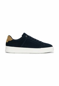 Navy suede sneakers with a white rubber sole, round toe, and tonal laces. Tan suede accent at the heel. Reinforced eyelets for durability.