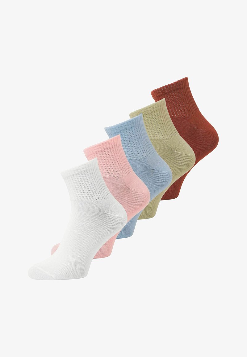 Cotton ankle socks in a set of five. Colors include white, pink, blue, olive, and rust. Ribbed cuffs and smooth texture.