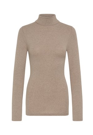 Bež turtleneck majica izrađena od mekog, rastezljivog materijala. Dugi rukavi s prilagođenim krojem i glatkom, bešavnom teksturom.