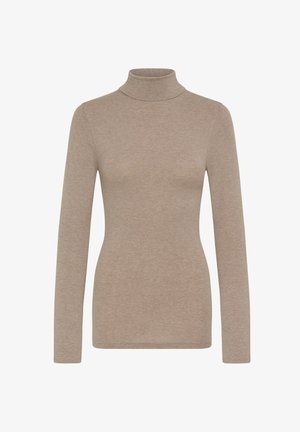 Beżowy golf wykonany z miękkiego, elastycznego materiału. Długie rękawy, dopasowana sylwetka i gładka, bezszwowa faktura.