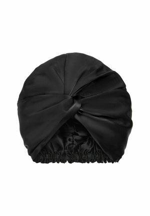Svart sidenmössa för håret med en tvinnad knutdesign och resårband vid basen för en säker passform.