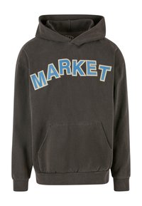 Sötét szürke kapucnis felső, nagy, ívelt "MARKET" felirattal világoskék színben, elöl kenguruzsebbel, valamint bordás mandzsettákkal és alsó résszel.