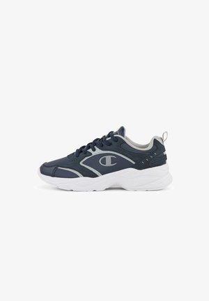Zapatillas deportivas navy con acentos grises, parte superior de malla y sintético, puntera redondeada, suela blanca acolchada y logo en el lateral.