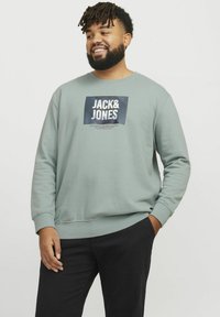 Sudadera verde claro con cuello redondo y puños de canalé. Presenta un logotipo impreso en azul marino y blanco. Combinada con pantalones negros.