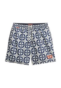 Bañador navy con un patrón floral blanco, cinturilla elástica con cordón. Presenta un pequeño logo naranja en la parte inferior derecha.