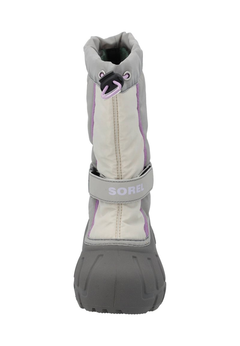 Grau-ivory wasserfeste Winterstiefel mit lila Akzenten, Zugbandverschluss oben und Gummisohle, ausgestattet mit einem Klettverschlussriemen mit Branding.