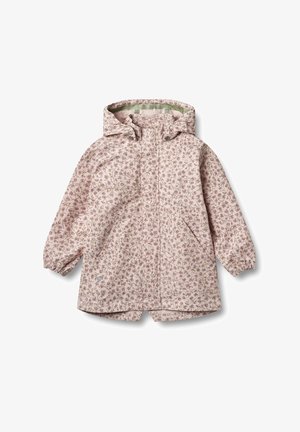 Różowa kurtka przeciwdeszczowa w kwiatowy wzór z kapturem, elastycznymi mankietami i przednimi kieszeniami. Tkanina ma gładką strukturę z lekkim połyskiem.