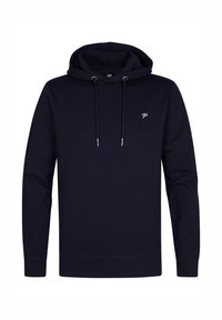 Marineblaue Kapuzenjacke aus weichem Stoff, mit einer vorderen Kängurutasche, Zugbändern und einem kleinen gestickten Logo auf der Brust.