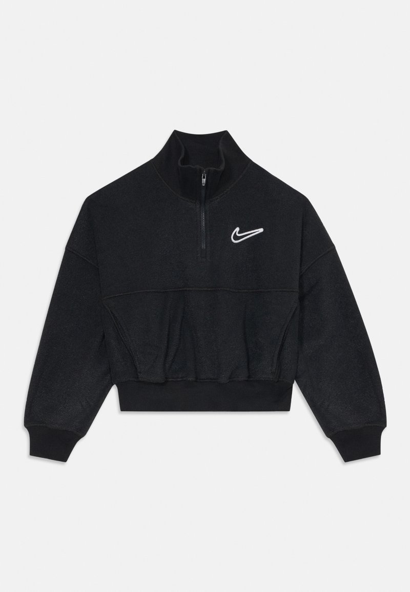 Černá zkrácená fleecová mikina s půlzipem, stojáčkem, dlouhými rukávy, žebrovanými manžetami a lemem, a bílým logem Nike swoosh na hrudi.