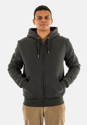 Sudadera con cremallera de color gris oscuro, con capucha, dos bolsillos delanteros y cordones. Confeccionada en un material suave con puños y dobladillo acanalados.