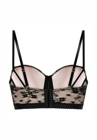 Μαύρο σουτιέν από δαντέλα με λογότυπο λουλουδιών, ρυθμιζόμενες τιράντες και ομαλή μπεζ φόδρα. Διαθέτει κούμπωμα στο πίσω μέρος.