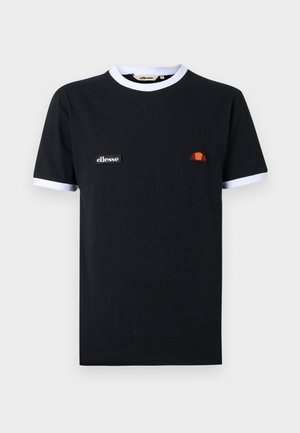 Μαύρο κοντομάνικο t-shirt με λευκή λεπτομέρεια στο γιακά και στα μανίκια, με μικρό λογότυπο "ellesse" και ημικυκλικό πορτοκαλί και κόκκινο έμβλημα.