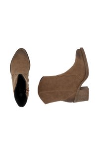 Bottines brunes en cuir lisse, avec un bout pointu, des coutures décoratives, un petit talon carré et un design à hauteur de cheville.