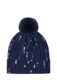 Bonnet en tricot bleu marine avec des sequins verticaux et un grand pompon duveteux sur le dessus.