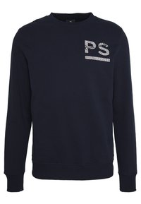 Sudadera azul marino fabricada en un tejido suave, con cuello redondo, mangas largas y un logotipo blanco en patrón "PS" en el pecho.