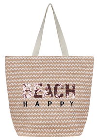 Gewebte Tragetasche in Beige mit welliger Textur, versehen mit den Wörtern "BEACH" aus Pailletten und "HAPPY" in Schwarz, sowie stabilen Canvas-Trägern.