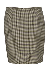 Skjorta i hounds-tooth mönster i beige och svart tyg, figurnära design, med dragkedja bak och veckade detaljer fram.