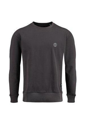 Grafitowa bluza wykonana z miękkiego materiału, okrągły dekolt, długie rękawy, ściągacze na nadgarstkach i u dołu, z małym logiem globu na piersi.