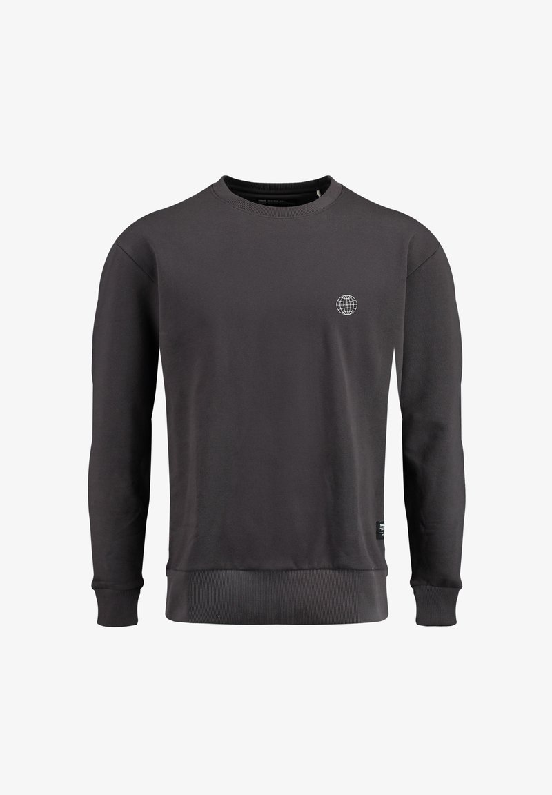 Felpa grigia scura realizzata in morbido tessuto, con scollatura a girocollo, maniche lunghe, polsini e orlo a coste, presenta un piccolo logo a forma di globo sul petto.