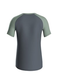 Korte mouwen shirt met een donkergrijze lichaam en lichtgroene raglanmouwen, gladde textuur en contrasterende kleuraccenten.