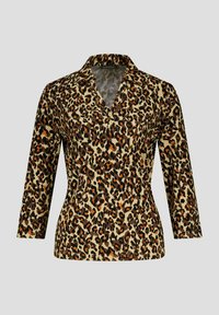 Beige blouse met luipaardprint, met een v-hals, lange mouwen en knopen. Gemaakt van een soepele stof met een gestructureerd uiterlijk.