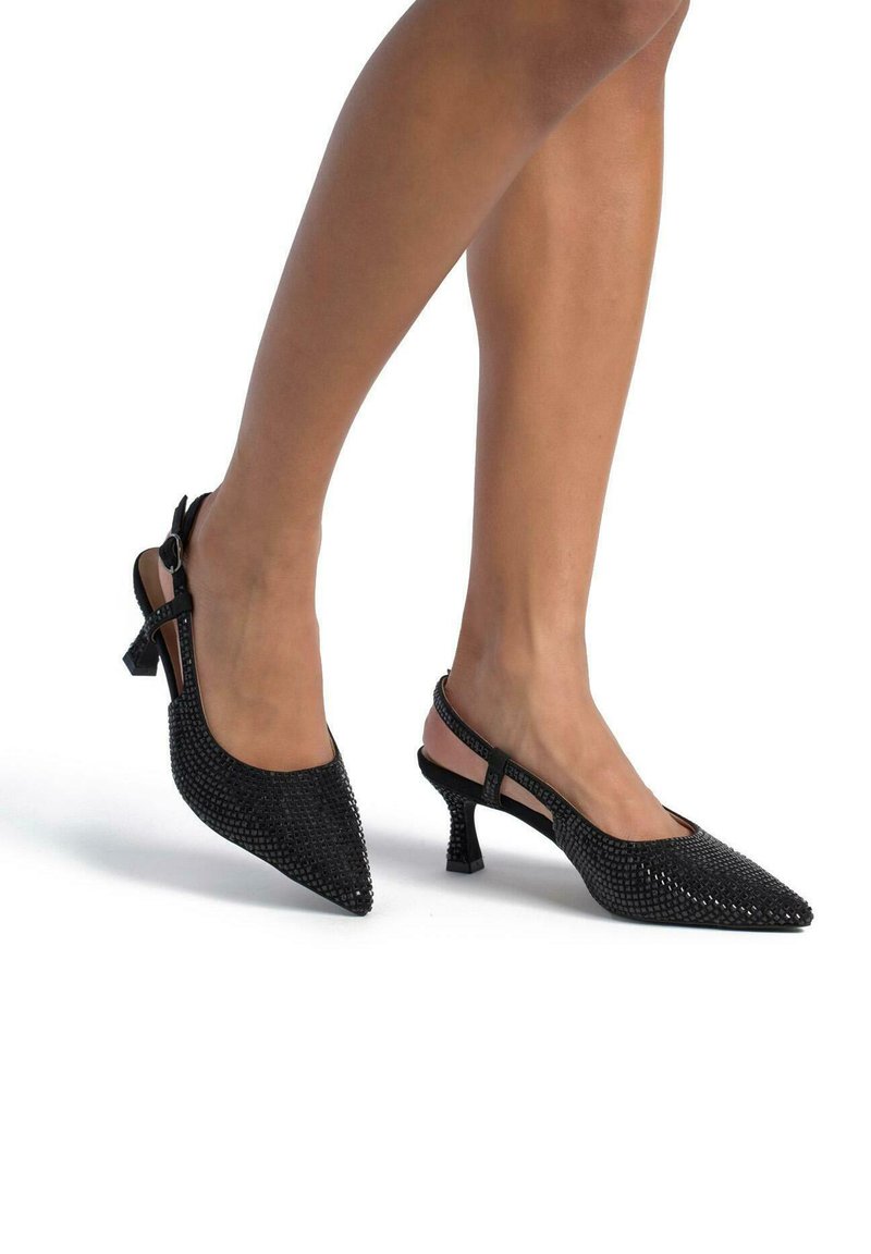 Zapatos de tacón negro tipo slingback con punta afilada, material de malla texturizada y tacón bajo en bloque. Presentan una correa delgada en el tobillo y un diseño minimalista.