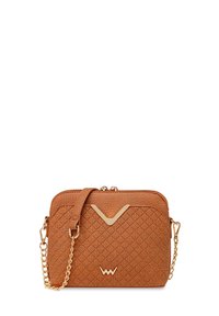 Brown patterned handbag with a pebbled texture, gold accents, and a chain strap. Features a distinctive V-shaped design on the front.