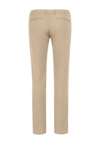 Beige Hose mit tailliertem Schnitt, glatter Textur, flachem Vorderteil und zwei Gesäßtaschen. Mit Gürtelschlaufen und geradem Bein-Silhouette.