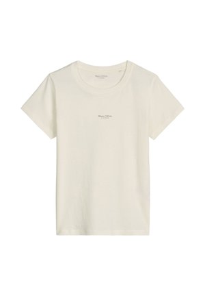 Cremefarbenes T-Shirt mit kurzen Ärmeln und Rundhalsausschnitt, mittig auf der Brust mit kleinem "Marc O'Polo"-Logo.
