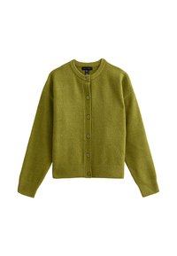 Olijfgroen cardigan gemaakt van textuurstof, met een ronde halslijn, lange mouwen en zes knopen aan de voorkant. Standaard pasvorm met geribde manchetten.