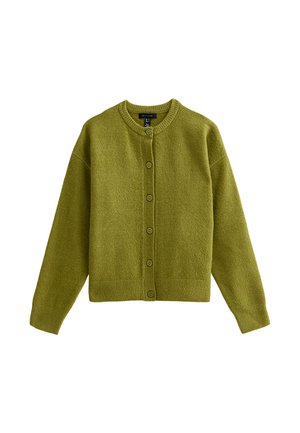 Olive green cardigan made from textured fabric, featuring a round neckline, long sleeves, and six front buttons. Standard fit with ribbed cuffs.