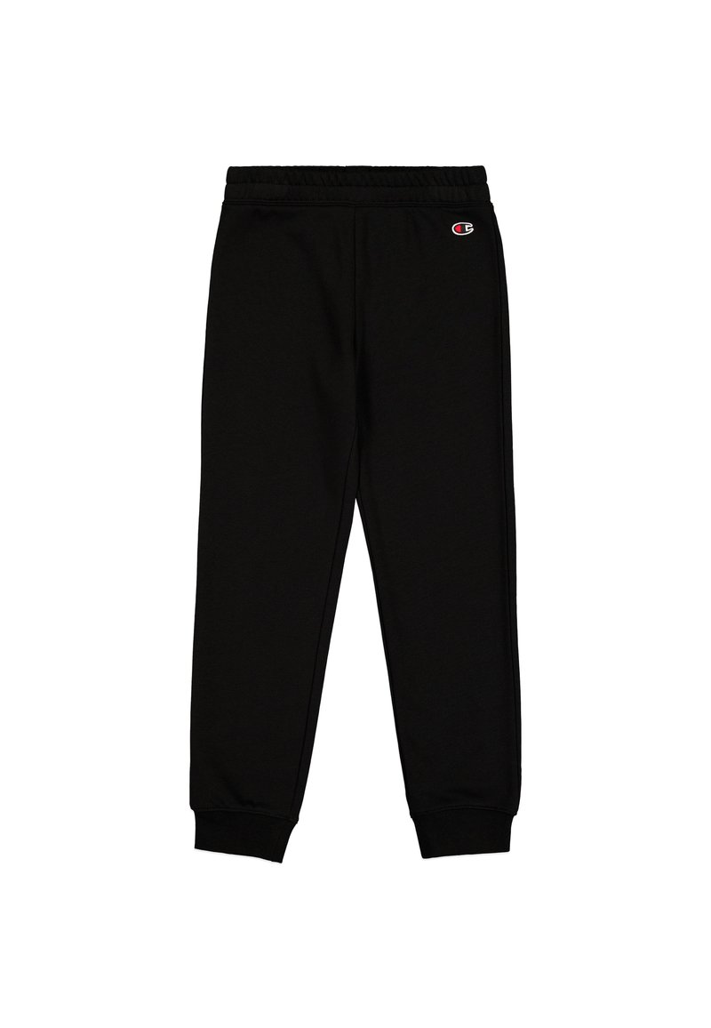 Pantalons de survêtement noirs en tissu doux, dotés d'une taille élastique, de poignets côtelés et d'un petit logo sur la cuisse gauche.