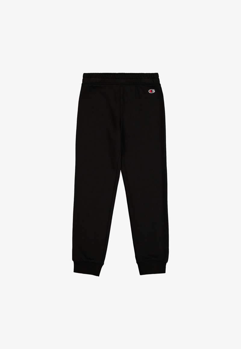 Black sweatpants made of soft fabric, featuring an elastic waistband, ribbed cuffs, and a small logo on the left thigh.