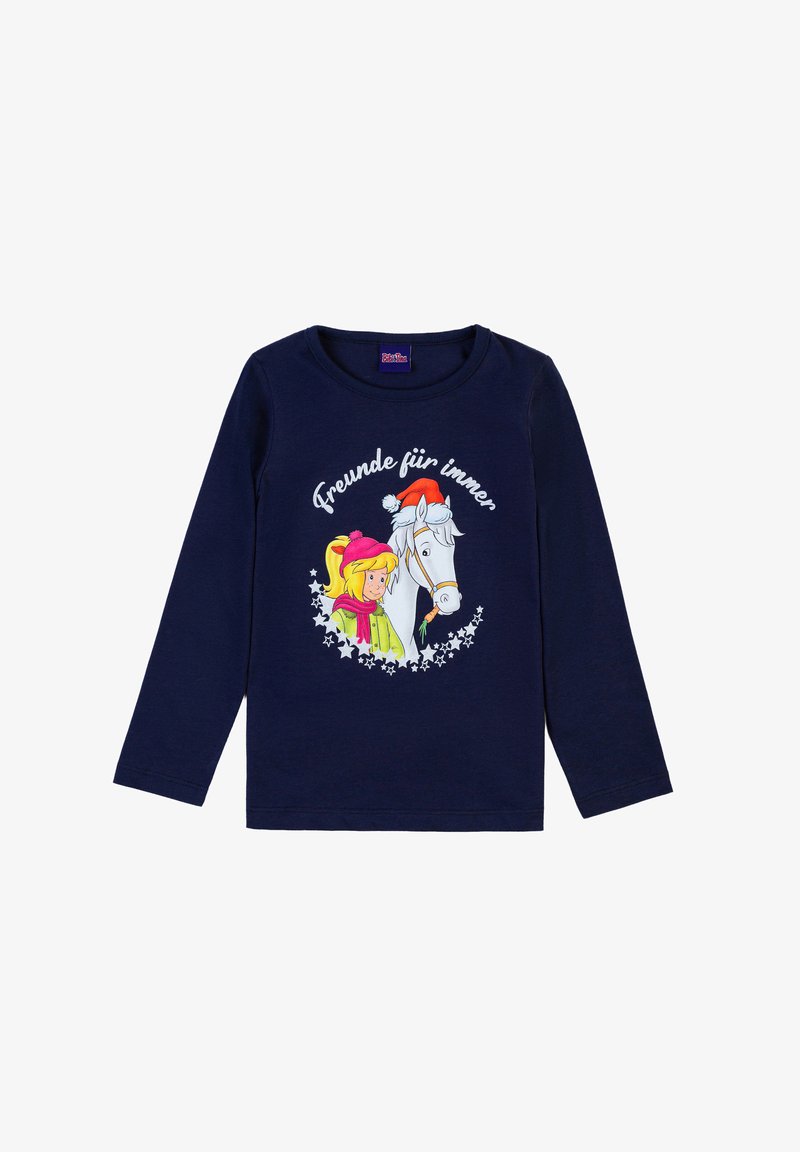 Maglietta a maniche lunghe blu navy con una stampa di una ragazza e un cavallo con il testo "Freunde für immer", circondata da stelle bianche. Materiale in cotone.