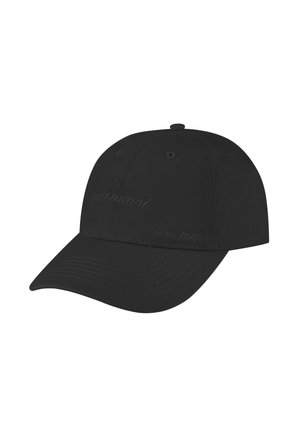 Schwarze Baseballkappe mit gebogenem Schirm und dezent besticktem Text auf den vorderen Paneelen.