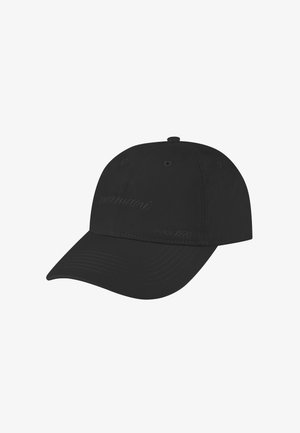 Schwarze Baseballkappe mit gebogenem Schirm und dezent besticktem Text auf den vorderen Paneelen.