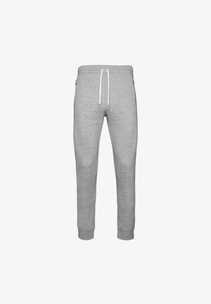 Pantalones de chándal grises hechos de una tela suave, que cuentan con una cinturilla elástica con cordones, puños acanalados y bolsillos laterales.