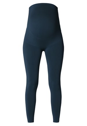 Schwangerschaftsleggings in dunkelblau mit einem hohen Bund zur Unterstützung, aus elastischem Stoff mit einer glatten Textur.